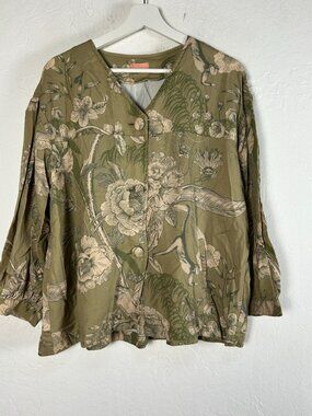 Powder Womens Olive Green Floral Print Puff Sleeve Jacket Pockets Lightweight
